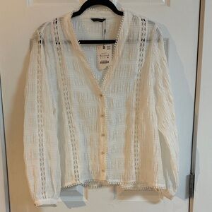 Zara White Lace-Trim Button Blouse